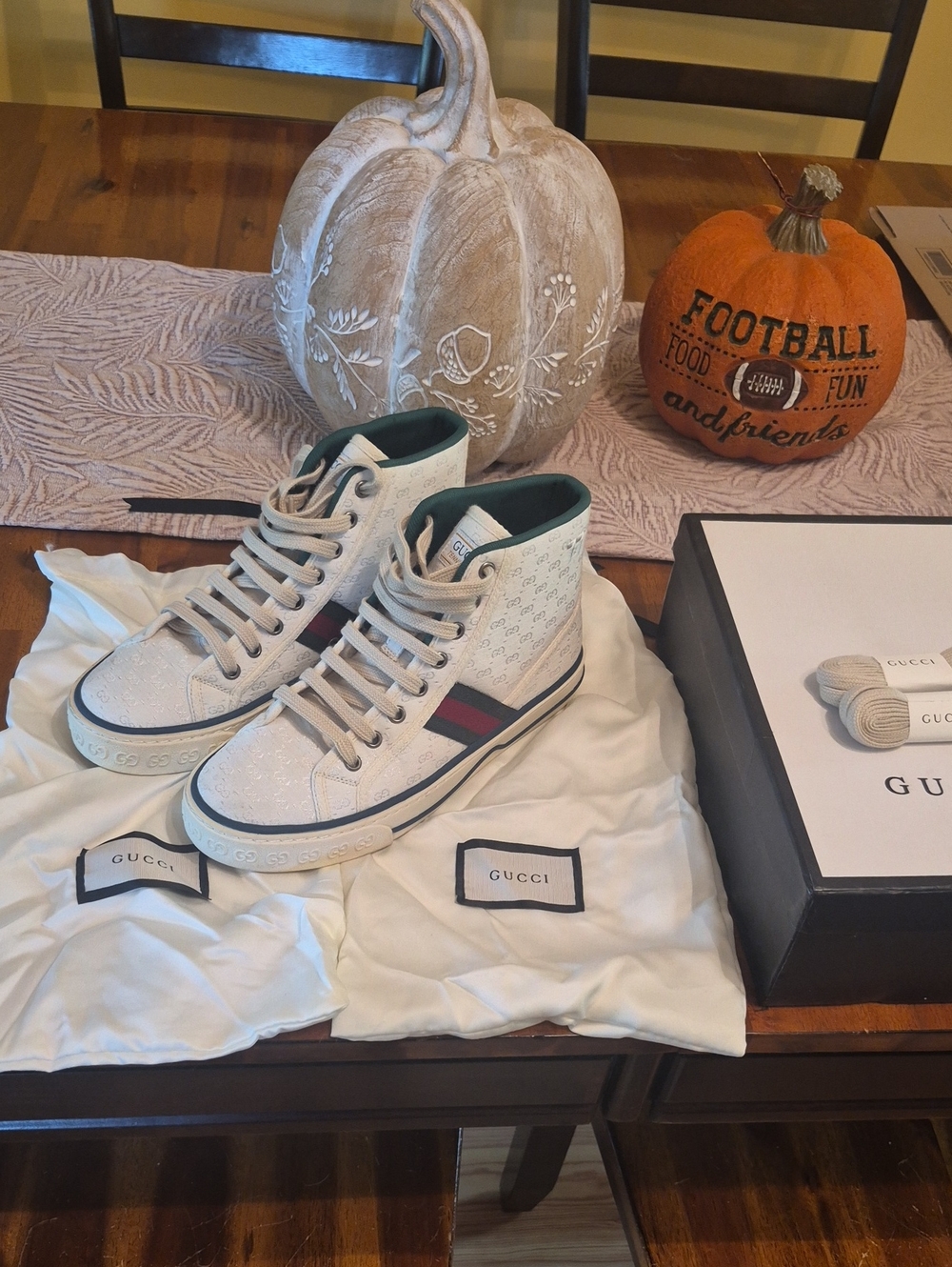 Gucci 77 White High-Top Sneakers with Green & Red Web Accent Size 39